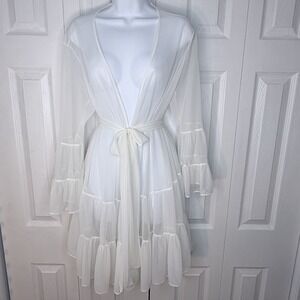 VTG Betsey Johnson Intimates White Sheer Chiffon Robe Ruffle Tiered OS